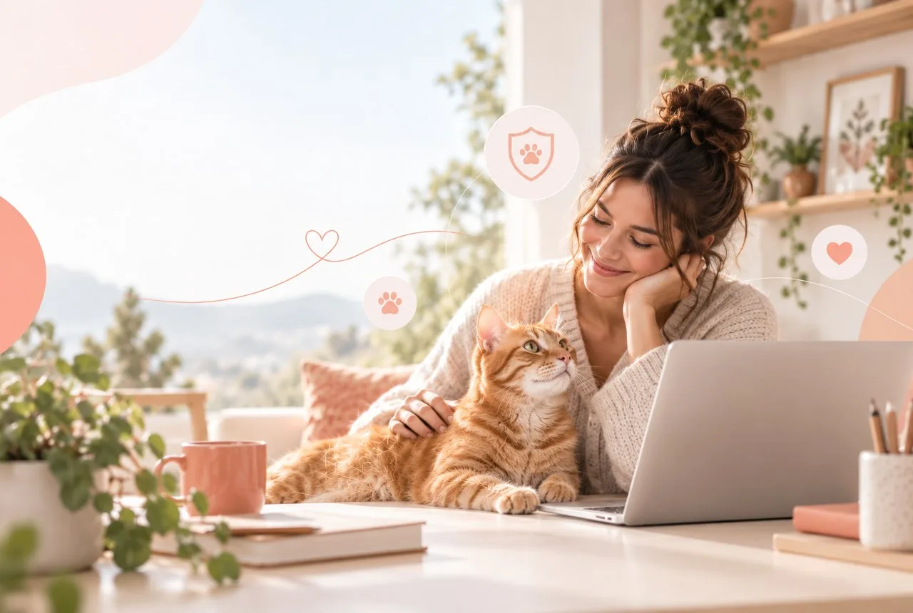 Owner using a laptop beside an orange tabby cat